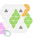 白い背景に様々な色の三角形が配置されており、ピンクの三角形のブロックを指差すカーソルがあります。