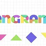 カラフルな幾何学模様の文字で「TANGRAM」と書かれており、その下に5つの色とりどりの幾何学形が並んでいます。