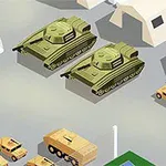 軍事基地に配置された戦車と装甲車のイラスト。