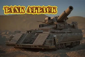 乾燥した砂漠の背景に巨大な大砲を備えたタンクが描かれており、上部に「TANK ATTACK」という文字がある。