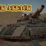 乾燥した砂漠の背景に巨大な大砲を備えたタンクが描かれており、上部に「TANK ATTACK」という文字がある。