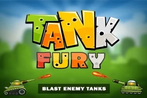 背景に緑の風景が広がり、「TANK FURY」というカラフルで力強い文字と、両側に砲弾を発射する戦車のイラストが描かれている。