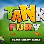 背景に緑の風景が広がり、「TANK FURY」というカラフルで力強い文字と、両側に砲弾を発射する戦車のイラストが描かれている。