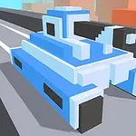 青いピクセルアートスタイルの戦車が道路上にある。