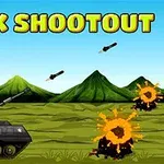 緑豊かな山々を背景に、ミサイルが飛んでいる戦車と爆発のシーン。