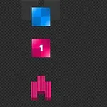 青色の四角形、中央に「1」と書かれたピンク色の四角形、ピンク色の宇宙船のような形が縦に並んでいる。