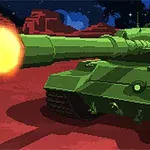 緑色の戦車が赤い地面の上で大砲を発射している。