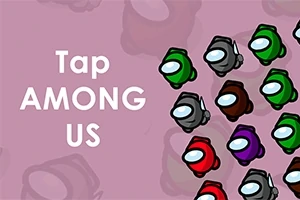 ピンク色の背景に緑、黒、赤、紫のキャラクターが集まり、「Tap AMONG US」というテキストが表示されています。