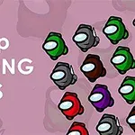 ピンク色の背景に緑、黒、赤、紫のキャラクターが集まり、「Tap AMONG US」というテキストが表示されています。