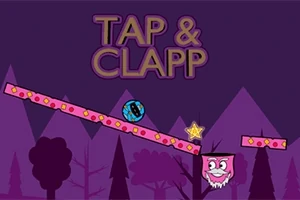 紫色の背景に「TAP & CLAPP」の文字、星型アイテム、笑顔のピンクのブロックと青いボールが描かれたイラスト。