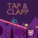 紫色の背景に「TAP & CLAPP」の文字、星型アイテム、笑顔のピンクのブロックと青いボールが描かれたイラスト。