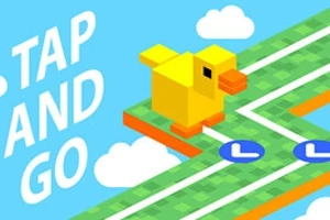 青空の中、緑のブロック道を歩く黄色い立方体の鳥。