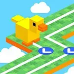 青空の中、緑のブロック道を歩く黄色い立方体の鳥。