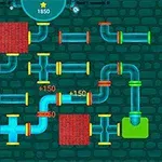 緑色の背景にパイプと赤いブロックが組み合わさったパズルの画像。