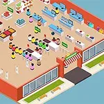 スーパーマーケットの店内を上から見たイラストで、カラフルな商品やレジに並ぶ客が描かれている。