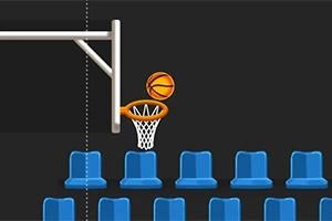 バスケットボールがリングにシュートされるシーンと青い観客席の配置。