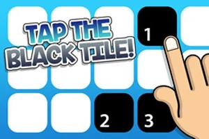 青い背景に黒と白のタイルが並び、左上に「TAP THE BLACK TILE!
