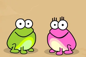 緑色のカエルとピンク色のカエルが並んで座っているイラスト。