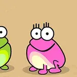 緑色のカエルとピンク色のカエルが並んで座っているイラスト。