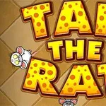 大きくてチーズ模様の「TAP THE RAT」という文字と、周囲にかわいいネズミが配置されているイラスト。