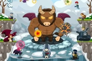 翼のある巨大なミノタウロスが、周囲のキャラクターたちに囲まれているシーン。