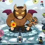 翼のある巨大なミノタウロスが、周囲のキャラクターたちに囲まれているシーン。