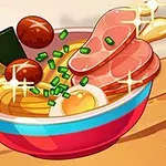 カラフルな丼に盛り付けられたラーメンのイラストで、チャーシュー、卵、海苔、ネギが乗っている。