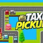 カラフルな町の道路に「TAXI PICKUP」の文字と複数のタクシーが描かれたイラスト。