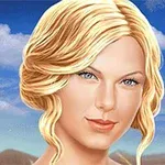 金髪の女性が青い空を背景に微笑んでいる画像。
