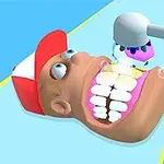 歯を清掃しているキャップをかぶったキャラクターの大きな口。