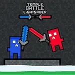 青と赤の四角いキャラクターがライトセーバーで戦っているシーン。
