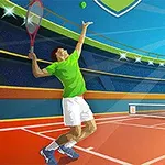 テニスコートで緑のシャツを着た選手がサーブを打つ姿。
