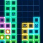 カラフルな発光ブロックがグリッド上に積み重なり、いくつかのブロックには星マークが描かれている。