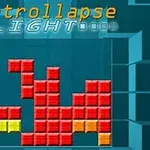 青い背景に赤、オレンジ、黄色のブロックが並んでいる画面。