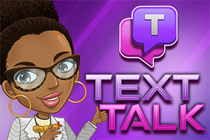 紫色の背景に眼鏡をかけたキャラクターと「TEXT TALK」の文字。