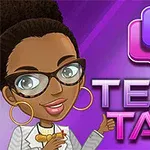 紫色の背景に眼鏡をかけたキャラクターと「TEXT TALK」の文字。