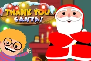 赤い服を着たサンタクロースと、眼鏡をかけた笑顔の子どもが背景のクリスマスライトと暖炉の前に描かれているイラスト。