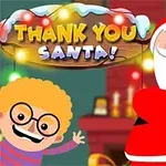 赤い服を着たサンタクロースと、眼鏡をかけた笑顔の子どもが背景のクリスマスライトと暖炉の前に描かれているイラスト。