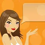 イラストの女性が手を広げ、オレンジ色の背景に吹き出しがある。