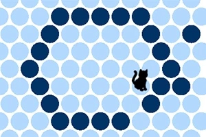 水色と青の円のパターンの中に黒い猫のシルエットがある画像。
