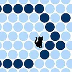 水色と青の円のパターンの中に黒い猫のシルエットがある画像。