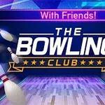 青い背景に「THE BOWLING CLUB」のロゴと、周囲に飛ぶボウリングのピン。