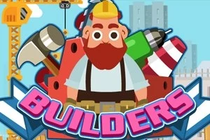 建設作業員のキャラクターが工具や建設用クレーンと一緒に描かれている。