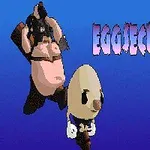 卵のキャラクターと仮面をかぶったキャラクターが青い背景に描かれている。