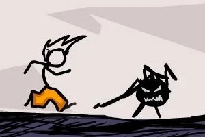 棒人間がモンスターのようなキャラクターから逃げているイラスト。