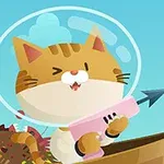 宇宙ヘルメットをかぶった猫が、ボートに乗ってピンクの銃を持っているイラスト。