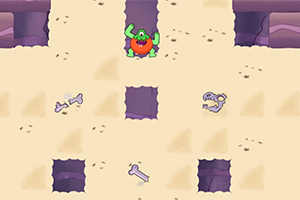 砂地に複数の穴があり、緑色のキャラクターといくつかの骨が散らばっている。
