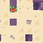 砂地に複数の穴があり、緑色のキャラクターといくつかの骨が散らばっている。