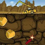 掘削機が地面を掘っており、土の中には金塊とダイナマイトが埋まっているイラスト。