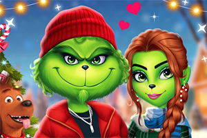 緑色の顔を持つキャラクターのカップルがクリスマスの背景の前で微笑んでいるイラスト。